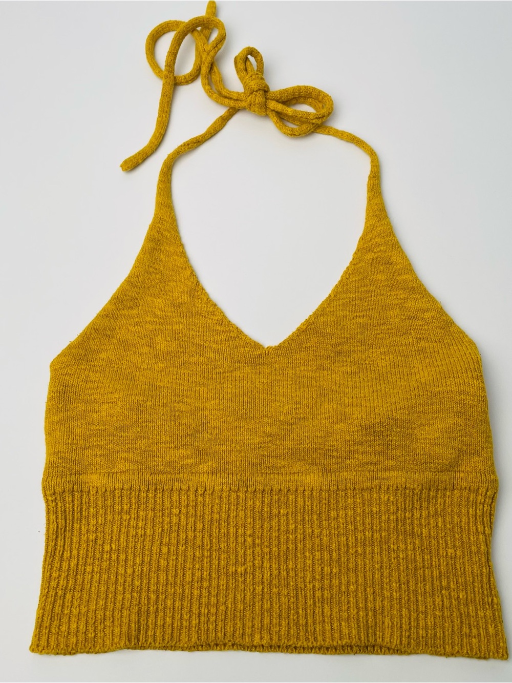 Bardot Mustard Yellow Knit Halter Crop Top Ribbed Band Cotton Blend | US 4 XS